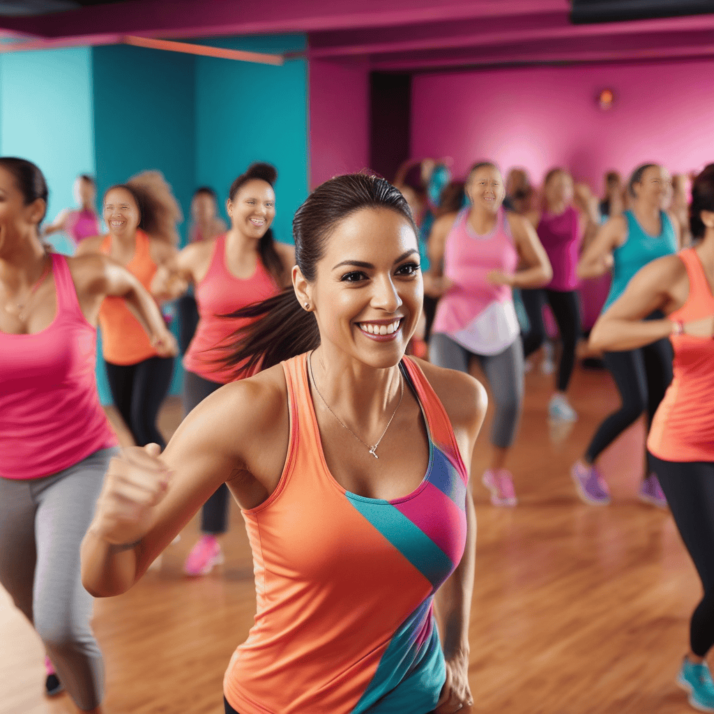 A picture of a happy woman at exercise class with other women