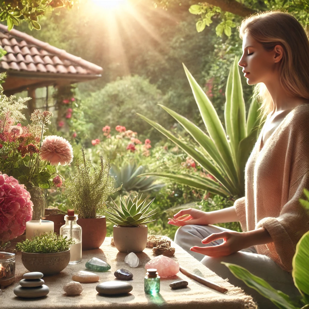A woman in a peaceful setting practicing yoga