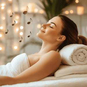 A beautiful woman in a serene spa environment listening to music and relaxing