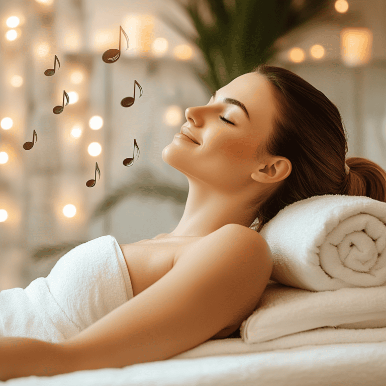 A beautiful woman in a serene spa environment listening to music and relaxing