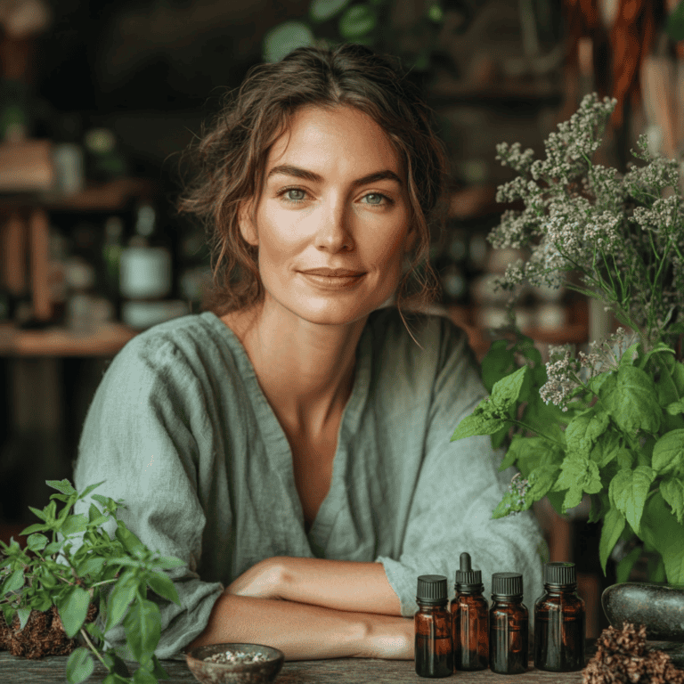 A serene woman sitting at a table with herbs and alternative medicines