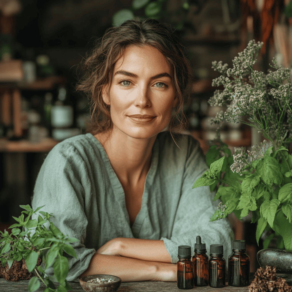 A serene woman sitting at a table with herbs and alternative medicines