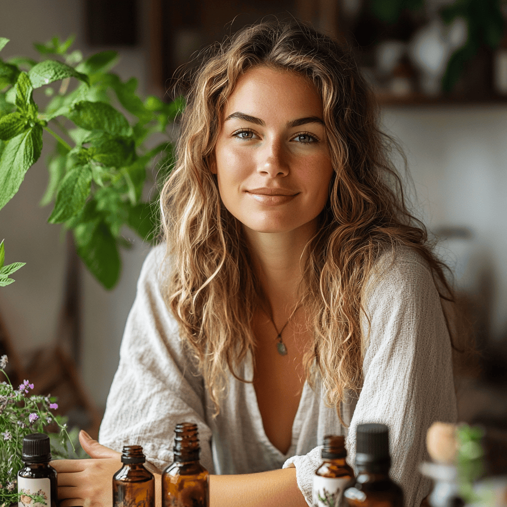 A beautiful woman radiating health sitting at a table with tincture alternative medicine bottles and herbs