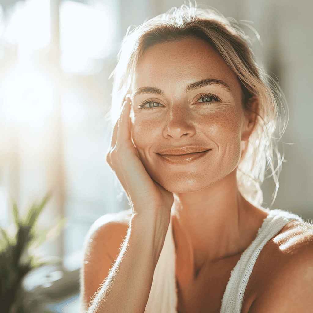 A woman in her 40's with glowing skin and a relaxed smile