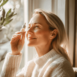A beautiful woman in her 40's with glowing skin