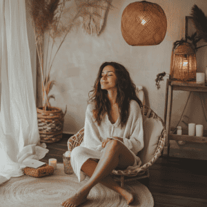 A woman sitting in a wicker chair with candles enjoying her own company