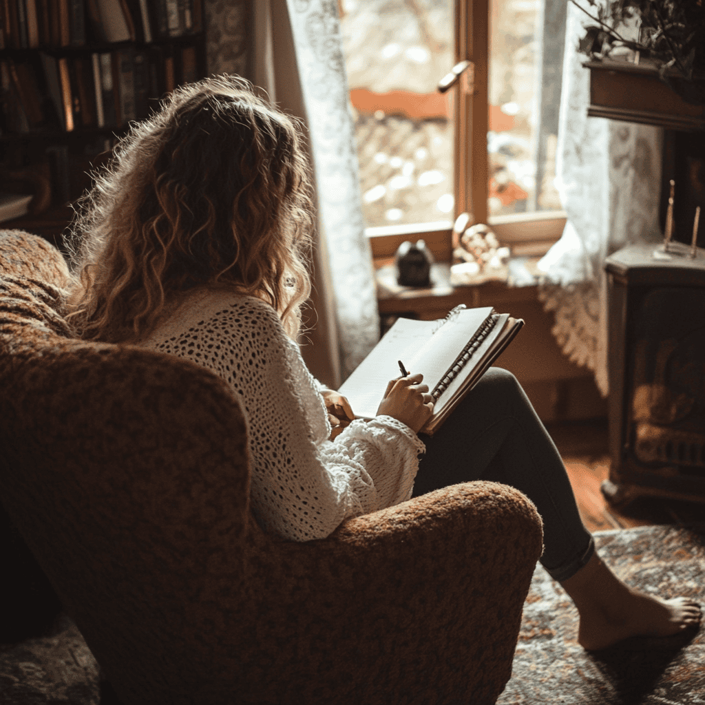 A young woman sitting in an arm chair writing in her journal