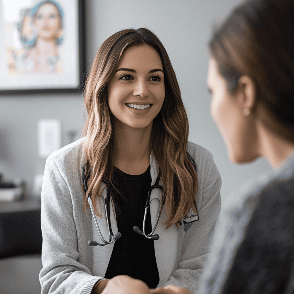 A woman attending a health care visit