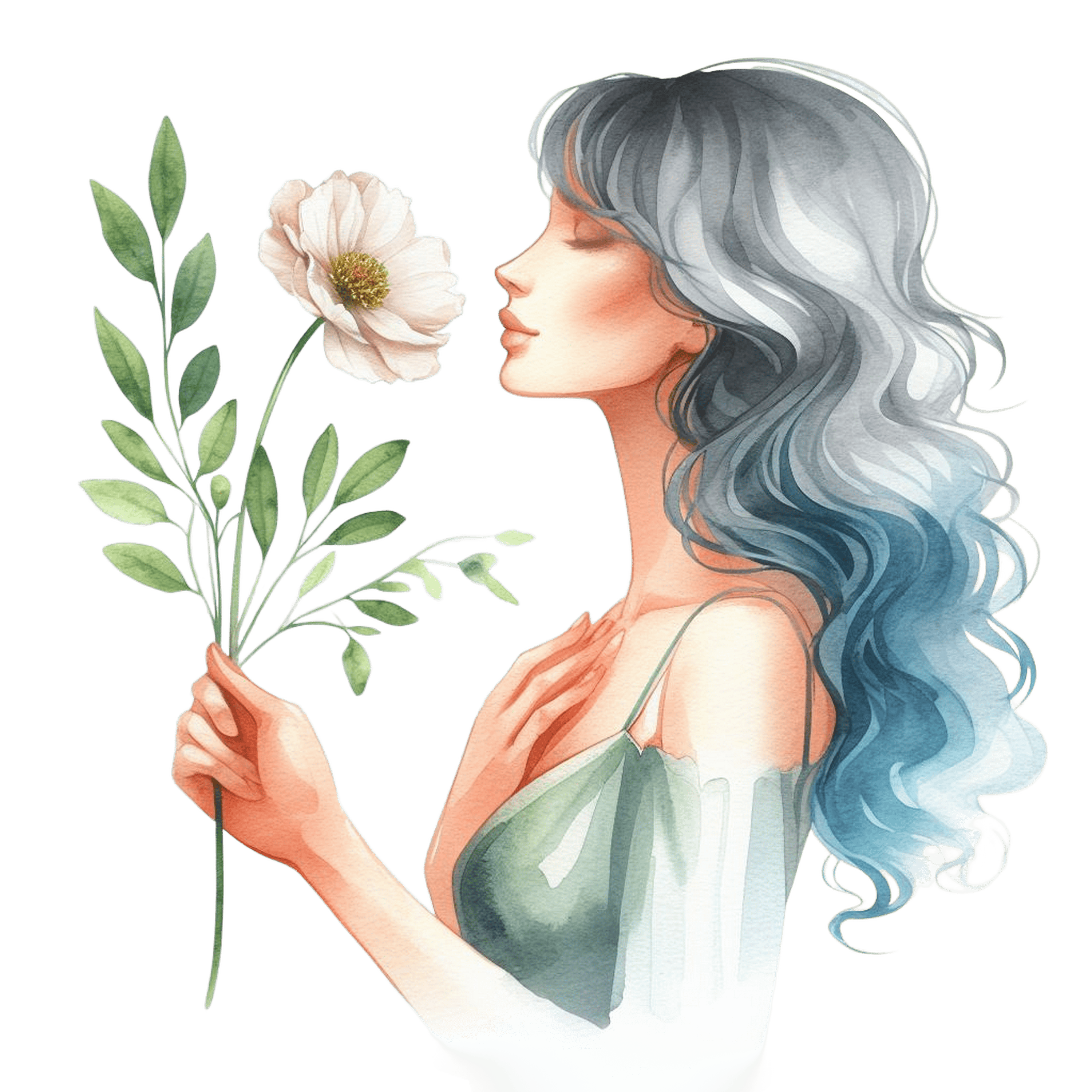 A clipart picture of a woman holding a flower