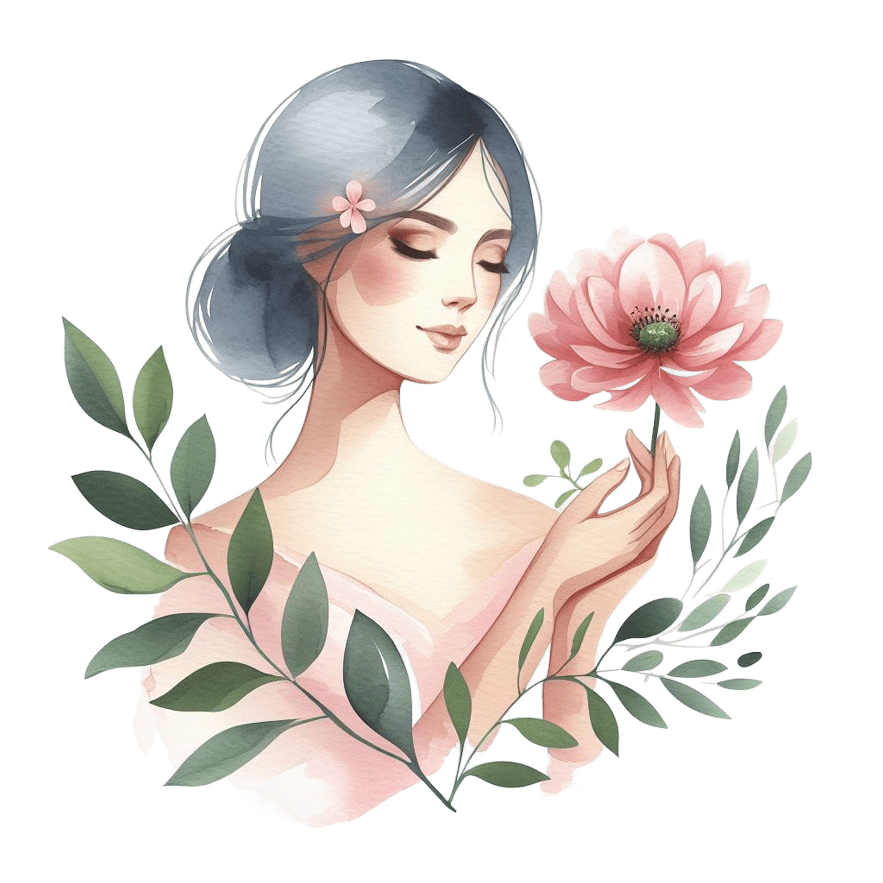 A clipart picture of a girl holding a pink flower