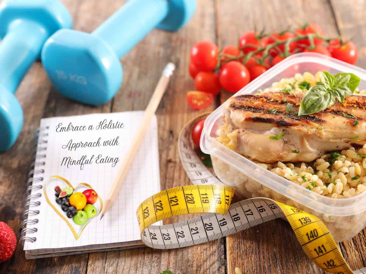 A picture with healthy food, tape measure and note pad with the words " Embrace a holistic approach with mindful eating"